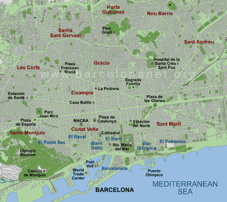 Barcelona Map - neighborhoods, districts